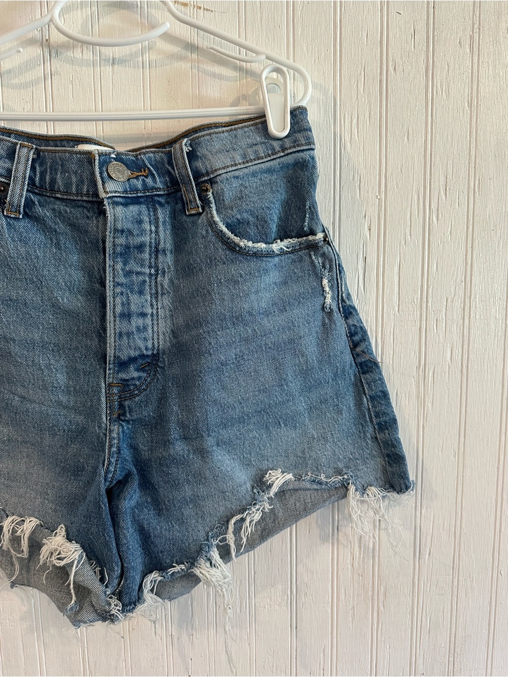 Abercrombie & Fitch Distressed High-Rise Denim Shorts - Blue - Picture 2 of 4